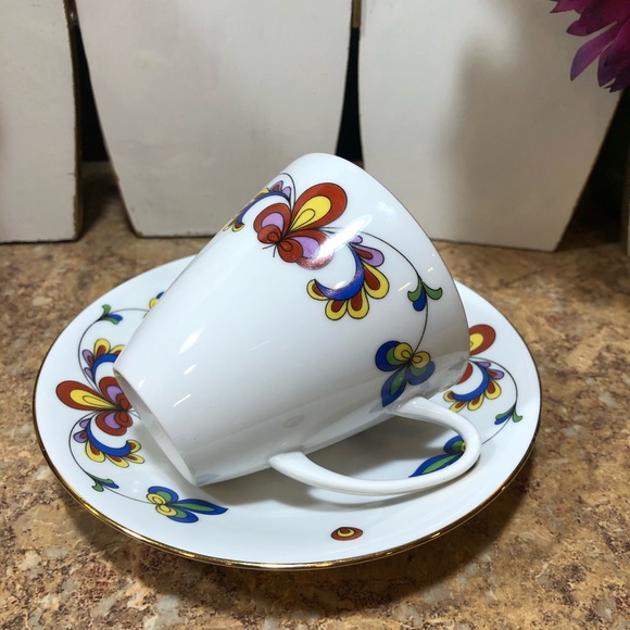 Porsgrund Norway Farmers Rose Demitasse Cup & Saucer (Rim, Gold Trim) Set - Picture 1 of 13